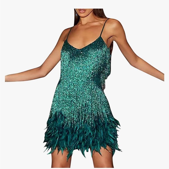 Women’s Sequin Feather Fringe Cami Dress - Picture 1 of 4